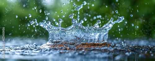 Close-up photograph of a water droplet splash creating stunning crowns on the surface, captured with high-speed photography in a natural outdoor setting