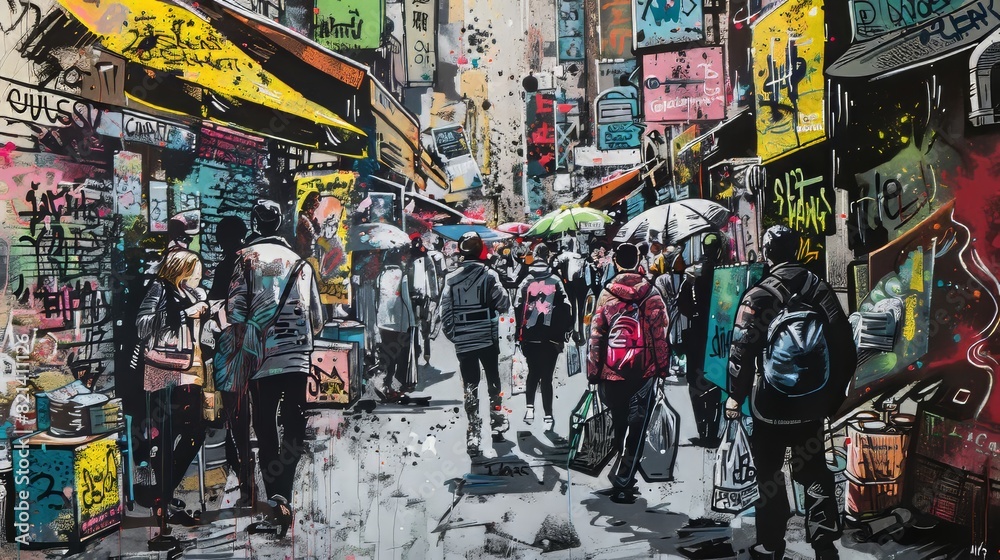 Surreal Street Art Illustration With Colorful Crowd And Dynamic Composition