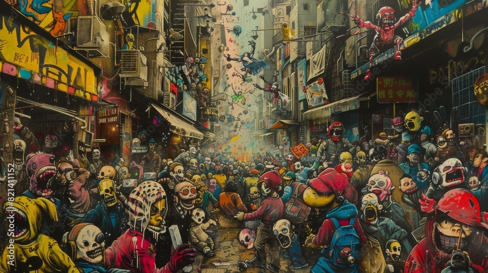 Naklejka premium Surreal Street Art Illustration With Colorful Crowd And Dynamic Composition