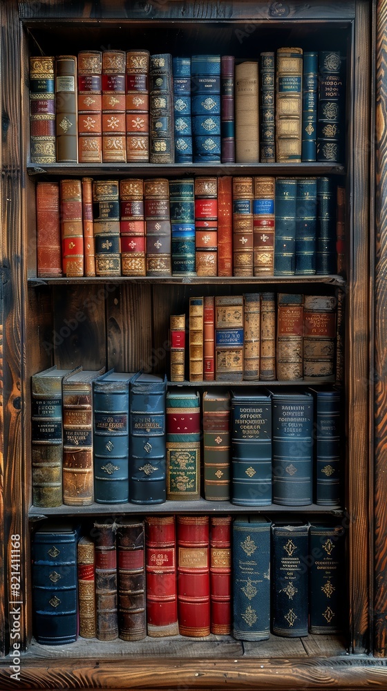 A Close-up View of an Ornate Collection of Vintage Books on Wooden Shelves, Showcasing Rich Colors and Intricate Designs A Close-up View of an Ornate Collection of Vintage Books on Wooden Shelves, Showcasing Rich Colors and Intricate Designs