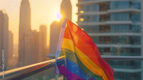 A close-up shot of a rainbow flag draped over a balcony railing, fluttering in the wind against a city skyline backdrop, with space for text overlay
