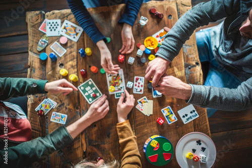 Playful banter and competitive spirit evident in a game night among friends, with cards and board games strewn across the table. Concept of recreation and amusement. Generative Ai. photo