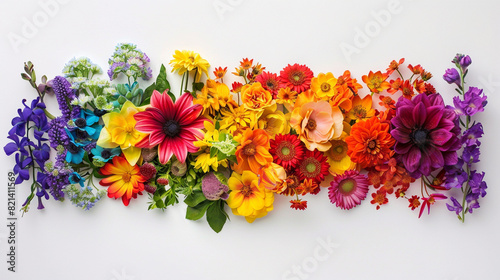 An artistic composition of rainbow-colored flowers arranged in the shape of a flag, representing LGBTQ+ pride and diversity, with space for text or branding