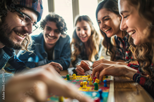 Companions gathered around a tabletop game, strategizing and joking as they engage in friendly competition. Concept of amusement and togetherness. Generative Ai. photo