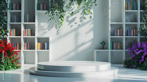 3d product stage, podium, minimal, clean, single podium, presentation, premium, shelves with lots of books on the background