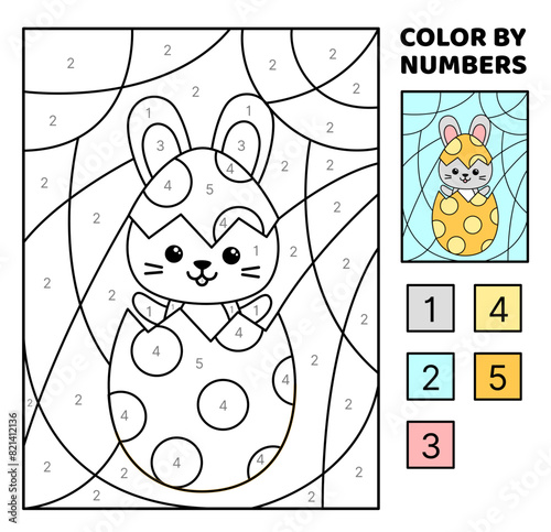 Color by number. Easter rabbit hatched from egg. Coloring page. Game for kids. Cartoon, vector