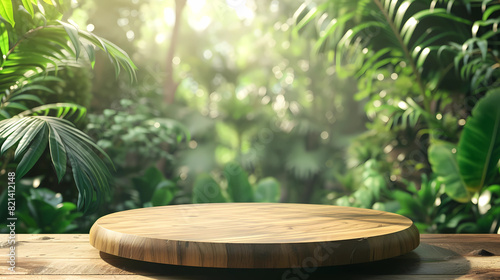 Wooden podium in tropical forest for product presentation and green background