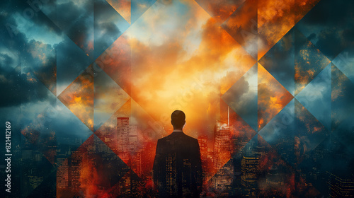 A businessman stands in the center of an abstract cityscape, surrounded by geometric shapes and double exposure effects. The sky is filled with dramatic clouds and flames, creating a sense of chaos 