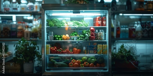 Fully stocked fridge with assorted fresh vegetables, fruits, and beverages, offering a vibrant and organized look for healthy eating and convenience