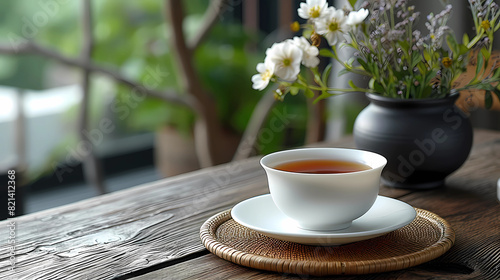 white cup of tea and flowers