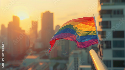 A close-up shot of a rainbow flag draped over a balcony railing, fluttering in the wind against a city skyline backdrop, with space for text overlay