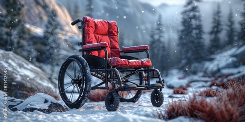 A red cushioned wheelchair positioned on a snowy mountain path surrounded by frosted trees and distant rugged cliffs in a serene winter landscape