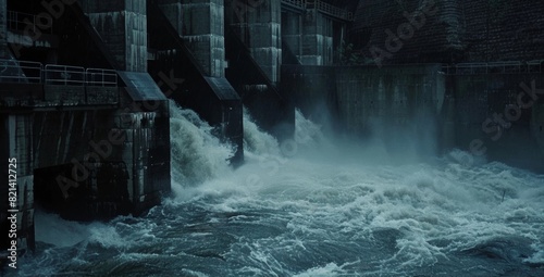 The sound of roaring water fills the air as it cascades through the turbines of a hydroelectric dam.