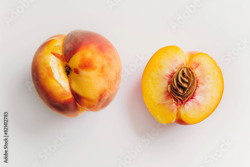white background, exquisite beauty of a whole peach and one sliced open, meticulously arranged in a top view format. Studio lighting bathes the scene in soft, even illumination, ac