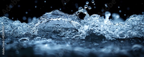 High-resolution macro photograph capturing the dynamic motion of water splash with bubbles, illustrating the intricate details and patterns of liquid in motion