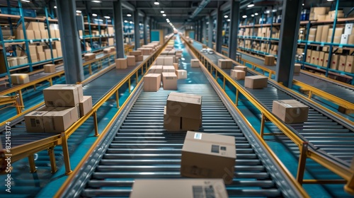 In a modern warehouse, an automated conveyor belt system efficiently handles packages, showcasing logistics automation. It demonstrates efficient handling of packages in warehouses