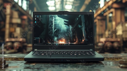 A high-performance gaming laptop with a rugged design is captured on a workbench in an industrial setting, emphasizing its robust build and capability for intense gaming sessions photo