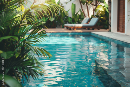 A serene swimming pool surrounded by lush tropical foliage, inviting guests to take a refreshing dip or lounge poolside with a cool drink. Concept of aquatic relaxation and leisure. Generative Ai.