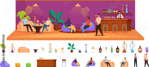 People shisha bar vector. A cartoonish drawing of a bar with people sitting in couches and chairs. Scene is relaxed and social