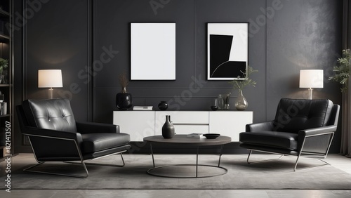luxury modern dark living room interior, poster frame mock up, leather chairs and white side table