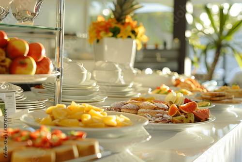 A gourmet breakfast buffet served in an elegant dining room  featuring a spread of fresh pastries  fruits  and made-to-order omelets.  Generative Ai.