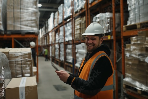 In an industrial storage facility, a worker in a safety helmet and highvisibility vest is using a tablet. Shelves with packed goods highlight the significance of logistics in the operation