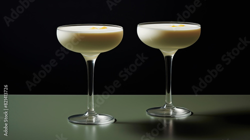 Two glass white cocktail on a dark background. Ai art.