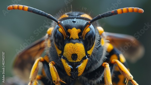 Close-up image of a detailed and vivid yellow and black Asian giant hornet poised on a branch, showcasing intricate body patterns and formidable antenna