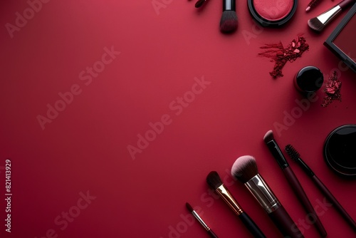 Top view of makeup items on a purple background with copy space