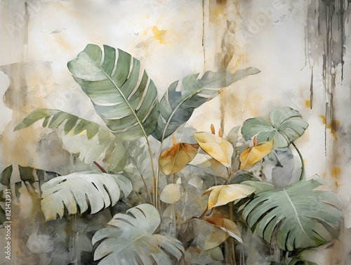 Wallpaper Watercolor exotic plams leaves and flowers in washed green and yellow, Background with the texture of destroyed concrete photo