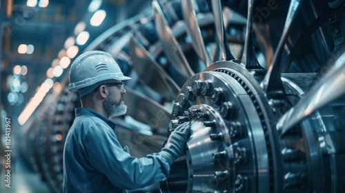 A worker monitoring the output of an industrial turbine ensuring its efficiency and that it is operating within safe parameters. photo