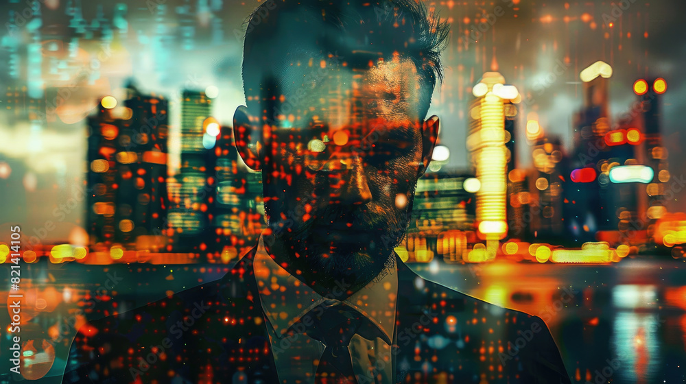 Fototapeta premium Portrait of young business man on city lights background, thinking person and abstract blurred buildings at night. Concept of multiple, future, people and success