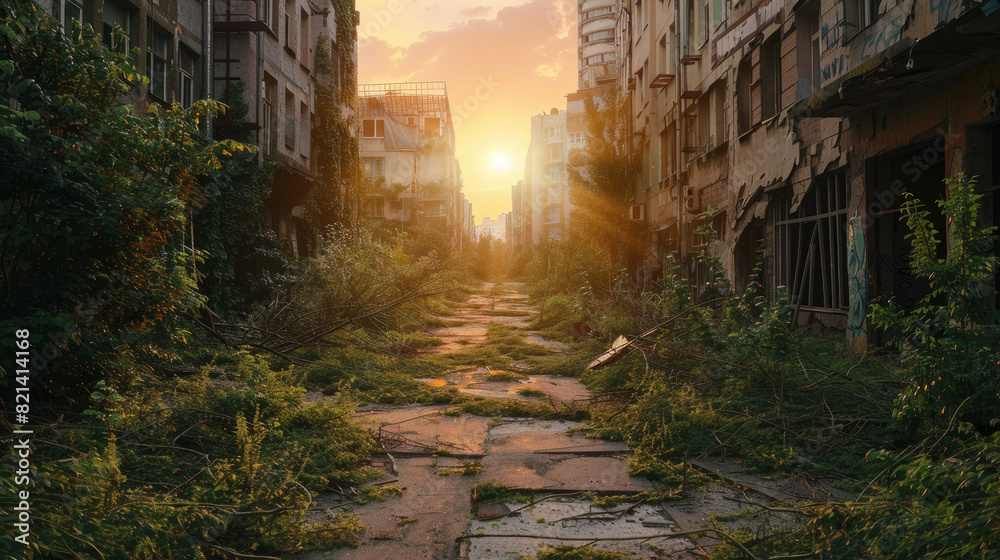 Destroyed buildings during post apocalypse at sunset, city road and ruins overgrown with tropical plants after end of World. Concept of war, futuristic jungle, future, street.