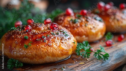 Close-up image of freshly baked golden pastries garnished with sesame seeds and pomegranate, evoking a sense of traditional culinary delight and home-cooked warmth