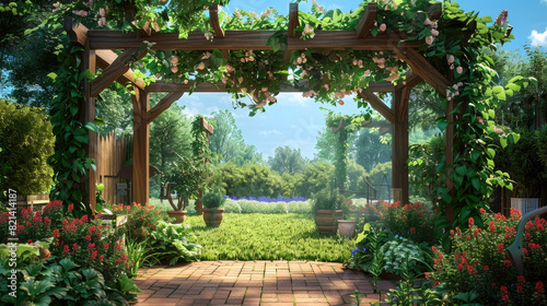 Home garden and beautiful arbor overgrown with green plants at house backyard, landscaping back yard in summer. Concept of pergola, outdoor, nature