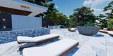Luxurious Outdoor Pool Area with Modern Sunbeds and Stone Accents in a Contemporary House, Featuring Mature Trees and Clear Blue Sky