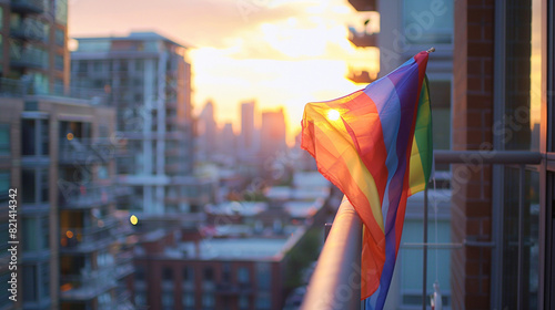 A close-up shot of a rainbow flag draped over a balcony railing, fluttering in the wind against a city skyline backdrop, with space for text overlay