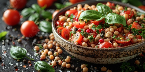 A delectable and colorful chickpea salad, adorned with halved cherry tomatoes, fresh basil, and peppercorns, presented in a rustic ceramic bowl on a dark backdrop