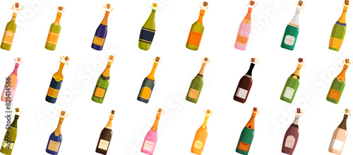 Champagne explosion vector. A row of colorful bottles of champagne, including some that are pink and green. The bottles are arranged in a grid, with some bottles overlapping each other. Scene is