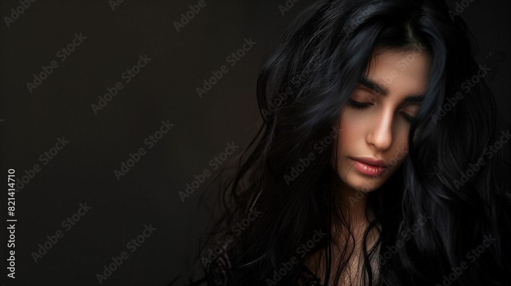 portrait of a arabic woman with black hair soft skin closing eyes , black bagkround studio portrait of a arabic woman with black hair soft skin closing eyes , black bagkround studio
