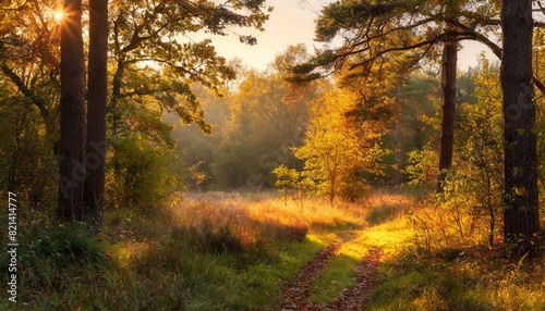 A serene forest glade bathed in the golden light of dawn. 