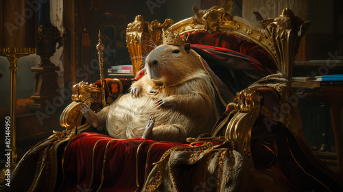 A capybara is sitting on a royal throne dressed as an emperor  wearing a mantle  and holding a scepter and orb.
