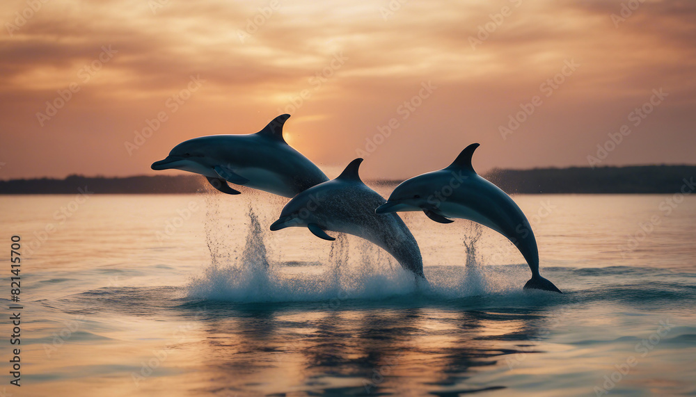 pod of dolphins jumping on the water surface at sunset in the ocean
pod of dolphins jumping on the water surface at sunset in the ocean