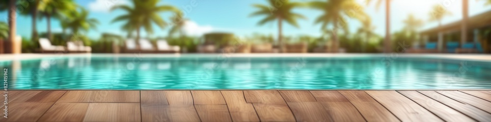 This abstract background offers a hazy impression of a wooden deck by a shimmering pool, the blur capturing the essence of a leisurely summer day. This abstract background offers a hazy impression of a wooden deck by a shimmering pool, the blur capturing the essence of a leisurely summer day.