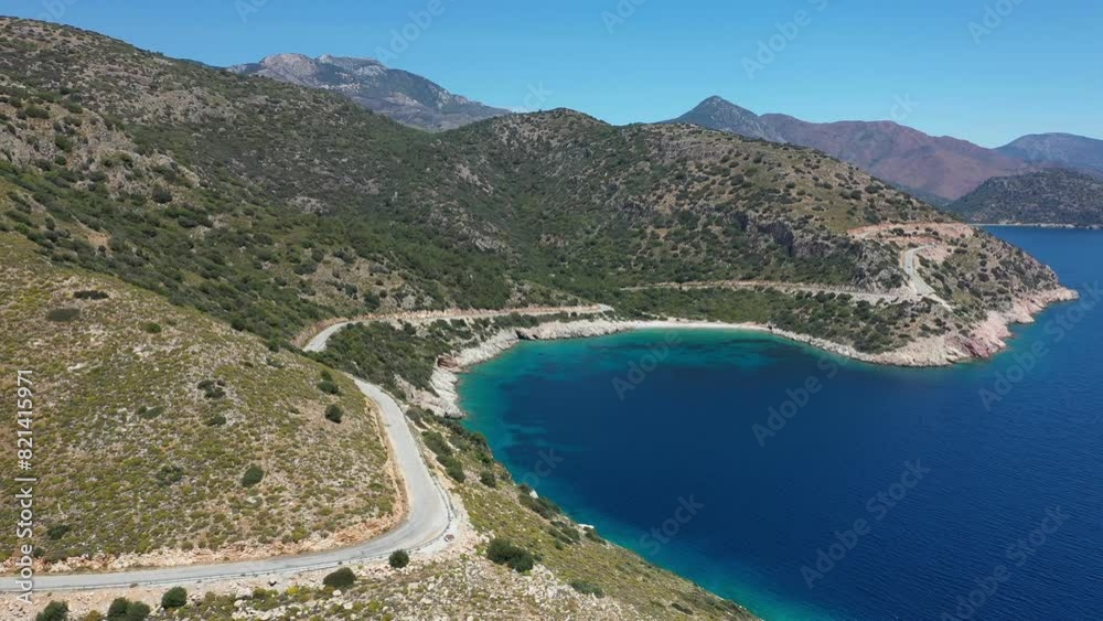 Undiscovered Karian path in Turkiye. Scenery coast with road and sea bay at Datcha. Summer vacation in Turkiye Undiscovered Karian path in Turkiye. Scenery coast with road and sea bay at Datcha. Summer vacation in Turkiye