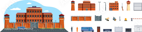 Prison building vector. A series of images of a prison building and its surroundings. Scene is serious and somber