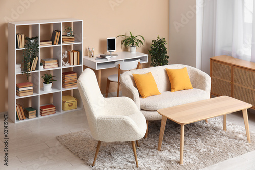 Interior of modern living room with sofa and bookshelf near beige wall
