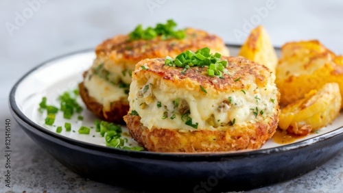Potato pancakes with cottage cheese and beef filling.