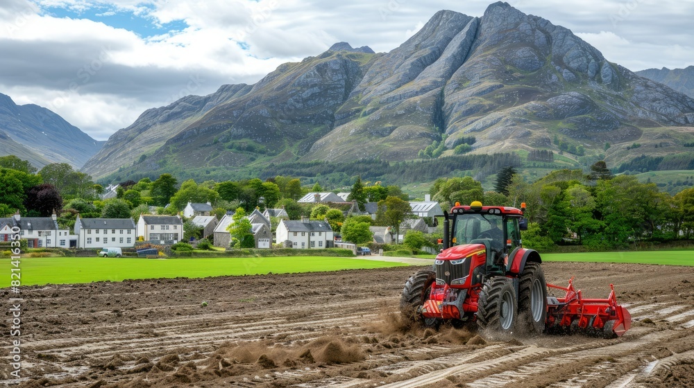 Obraz premium A tractor plows a countryside field with mountains and houses in the background, green potato fields, loading red agricultural granulate, a driver on the front wheel of the tractor.
