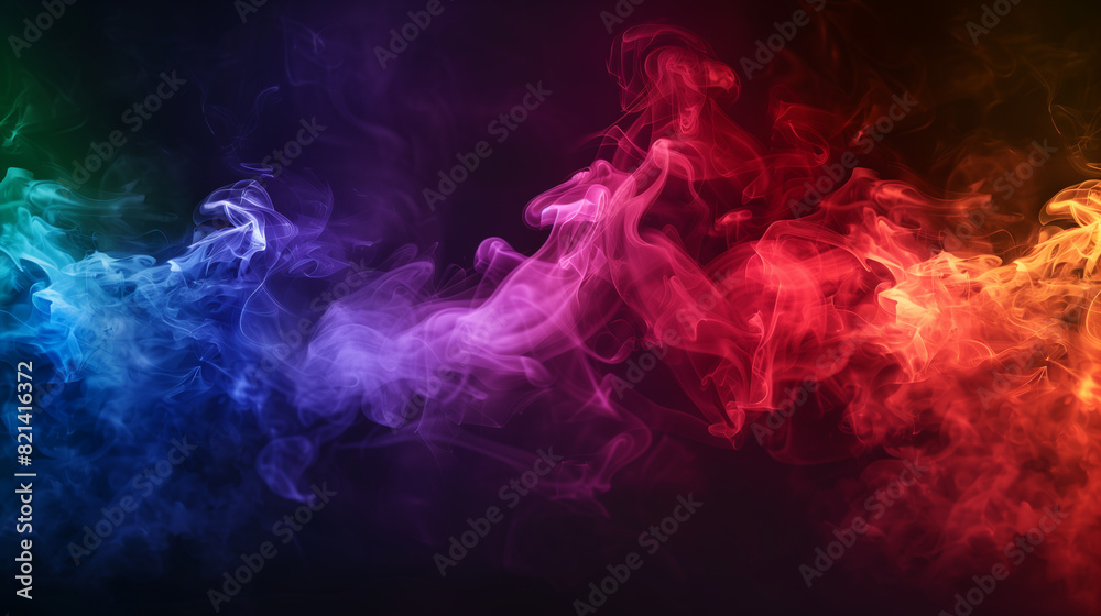 An artistic composition of rainbow-colored smoke forming the shape of a flag against a dark background, representing LGBTQ+ pride and diversity, with space for text overlay